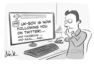 UK GOV is now following you twitter - Web snooping law - topical cartoon