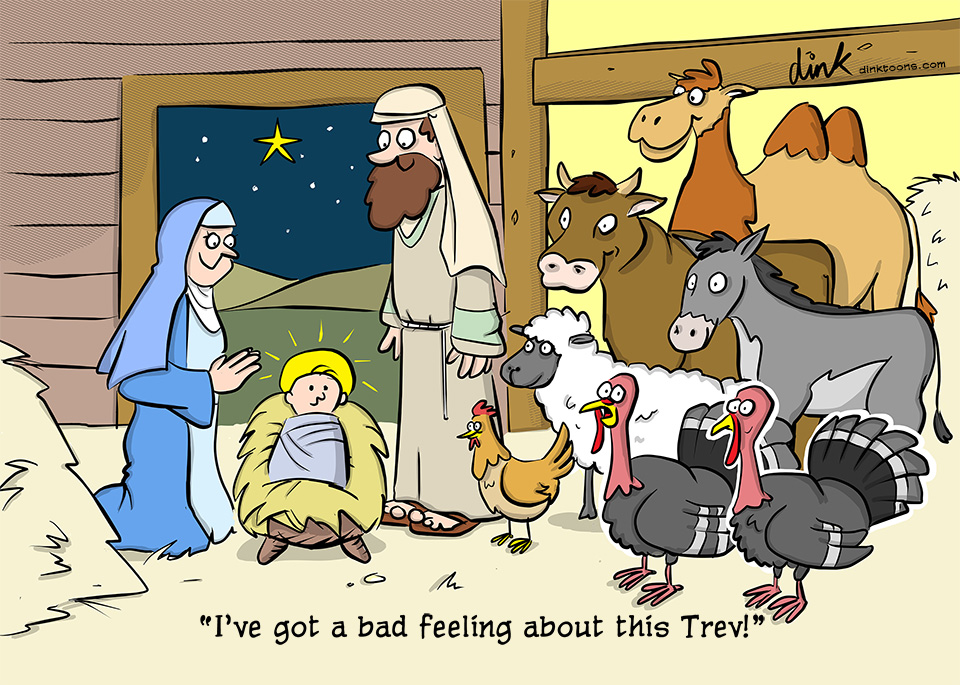 Turkey at the nativity - Christmas Cartoon