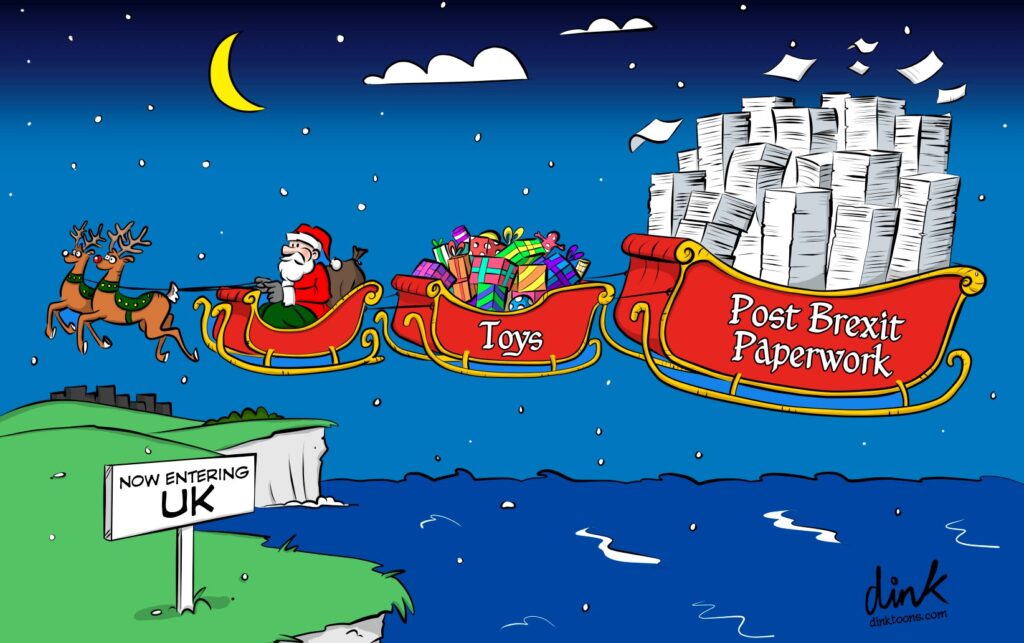 Santa flying across the UK border with a sleigh full of toys and a bigger sleigh full of Brexit paperwork.