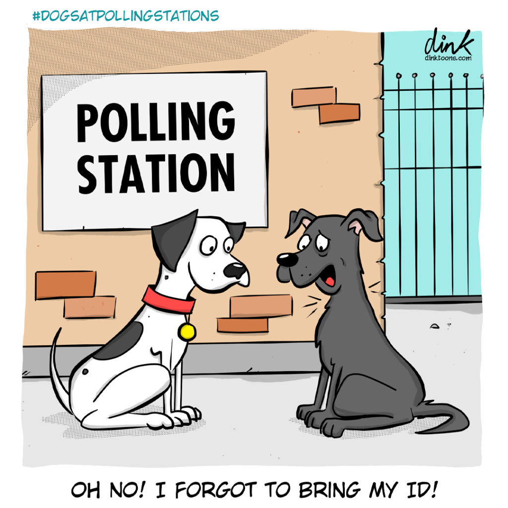 Cartoon about voter ID. Two dogs outside polling station. One without collar.