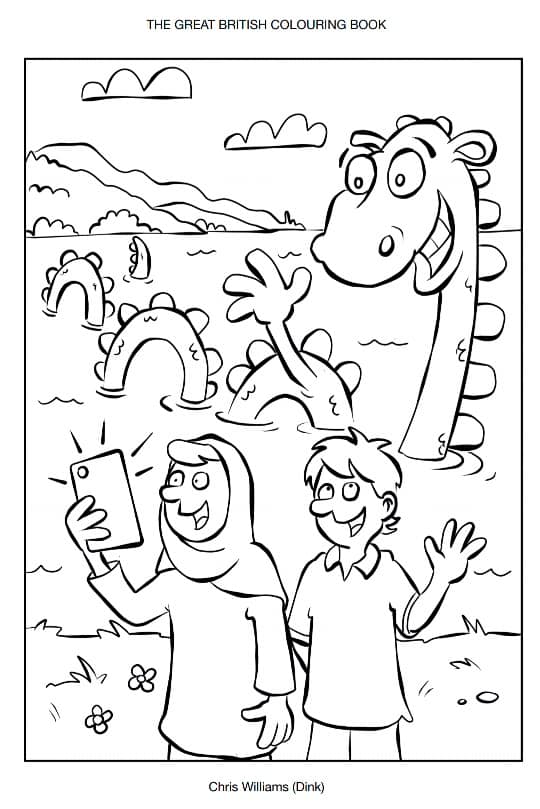 My page of The Great British Colouring Book featuring two kids taking a selfie with the Loch Ness Monster
