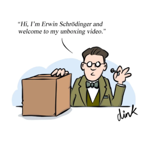 A bespectacled scientist holds a carboard box in one hand and a tiny microphone in the other. He looks ahead to the viewer and says “Hi, I’m Erwin Schrödinger and welcome to my unboxing video.”