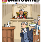Cover of issue 12 of ‘The New Cartoonist’ magazine featuring a cartoon by Dink. The scene is a court room with Judge and Jury looking on. A barrister is looking at the defendant accusingly whilst holding a tray of chips labelled ‘exhibit A’. In the dock sits guilty but defiant Seagull.