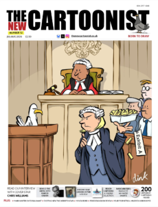 Cover of issue 12 of ‘The New Cartoonist’ magazine featuring a cartoon by Dink. The scene is a court room with Judge and Jury looking on. A barrister is looking at the defendant accusingly whilst holding a tray of chips labelled ‘exhibit A’. In the dock sits guilty but defiant Seagull.